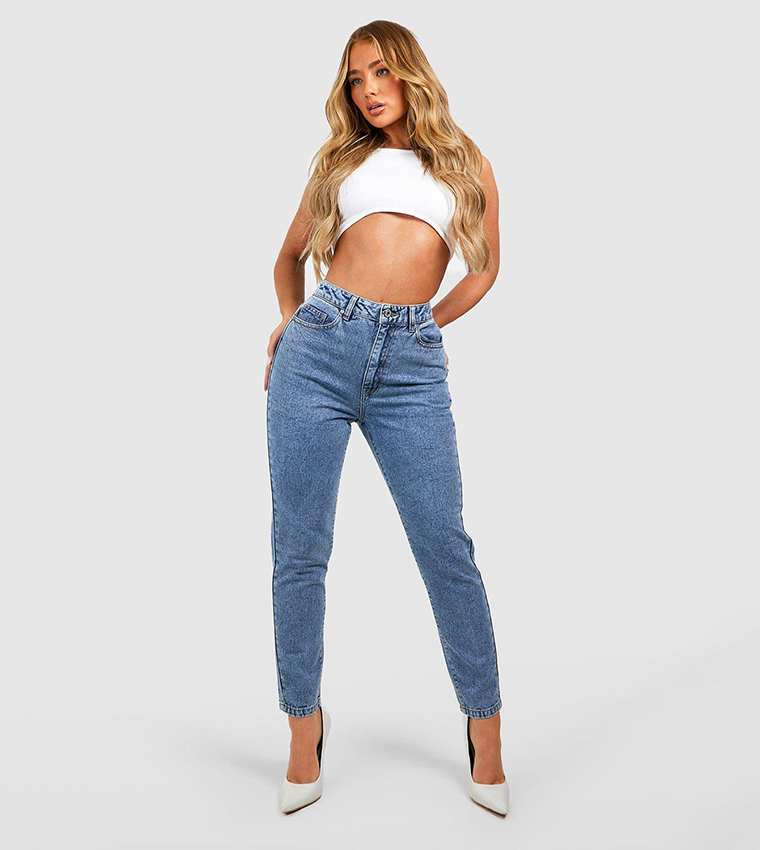 Buy Boohoo Outlet Basics High Waisted Slim Fit Mom Fit Jeans In Blue 6thStreet Bahrain