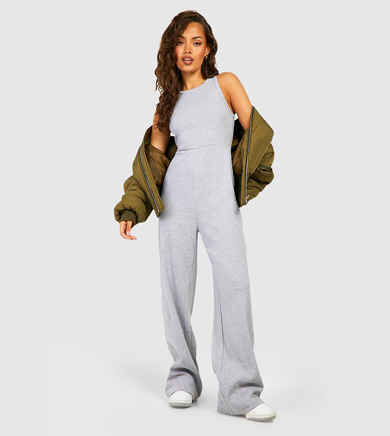 Cotton Rib Racer Neck Wide Leg Jumpsuit