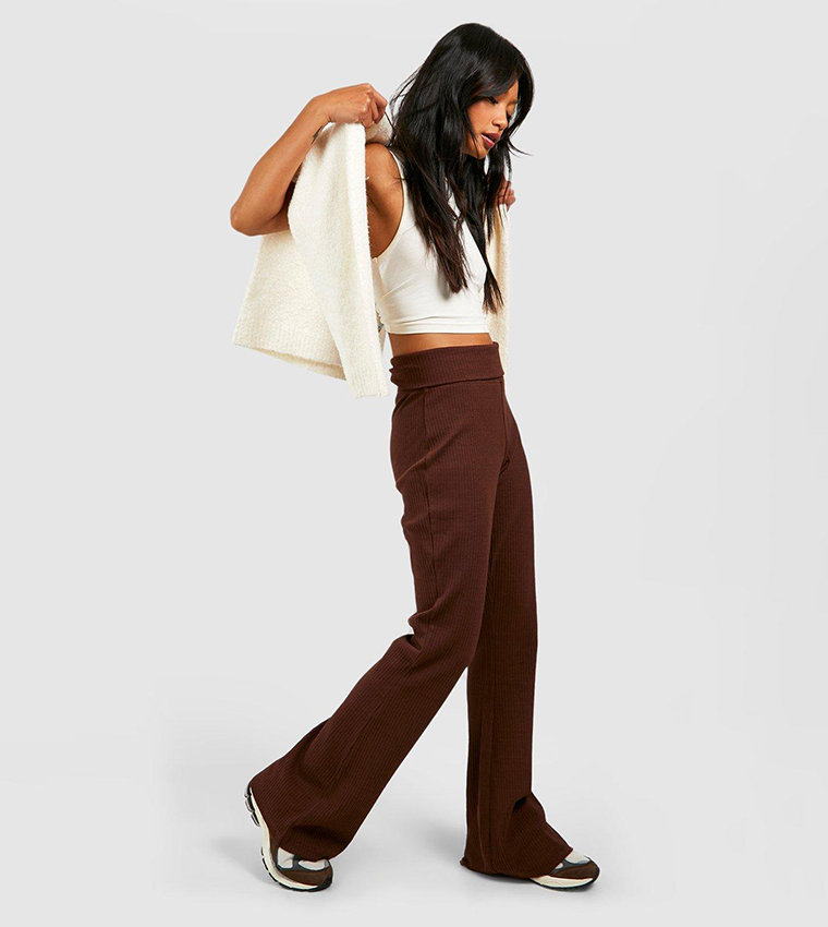 Buy Boohoo Cotton Rib Yoga Flares In Brown