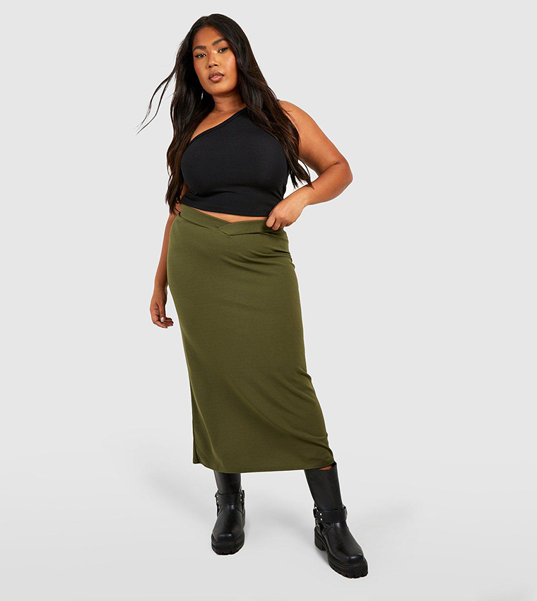 Buy Boohoo Crepe V Waistband Midaxi Skirt In Khaki 6thStreet Kuwait