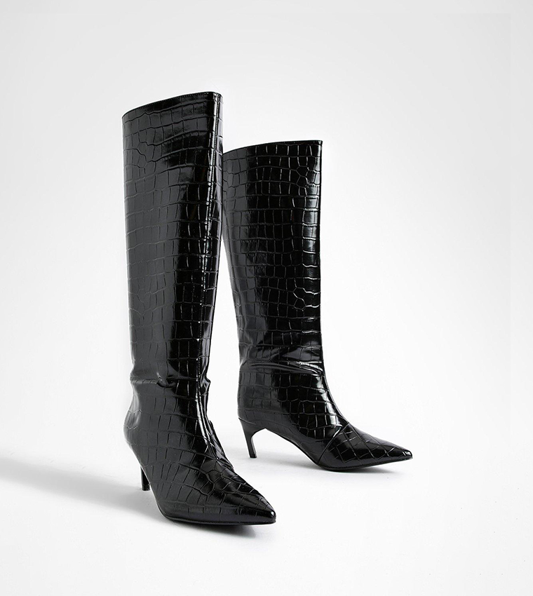 Low Heel Pointed Croc Knee High Boots