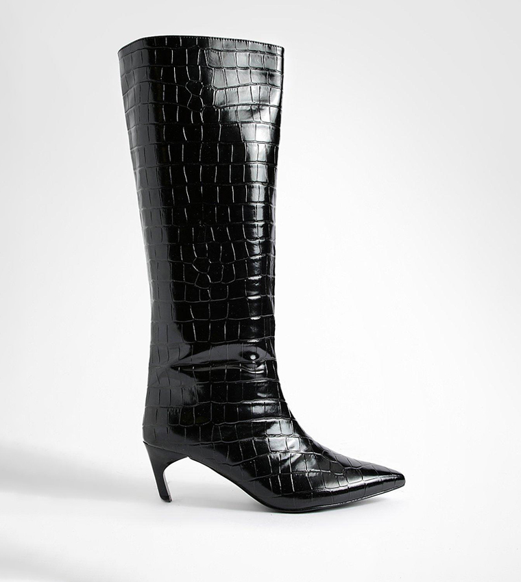 Buy Boohoo Low Heel Pointed Croc Knee High Boots In Black 6thStreet