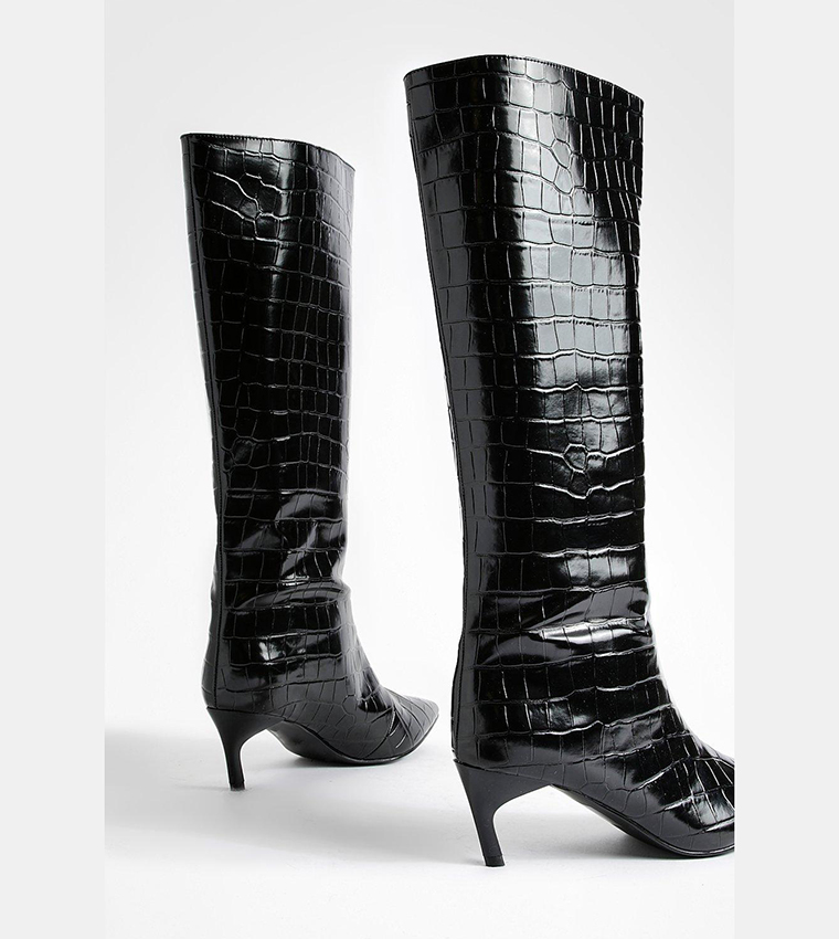 Buy Boohoo Low Heel Pointed Croc Knee High Boots In Black 6thStreet