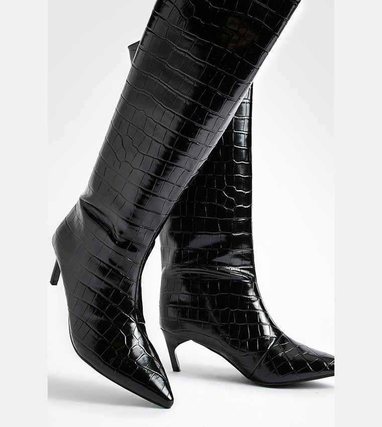 Low Heel Pointed Croc Knee High Boots