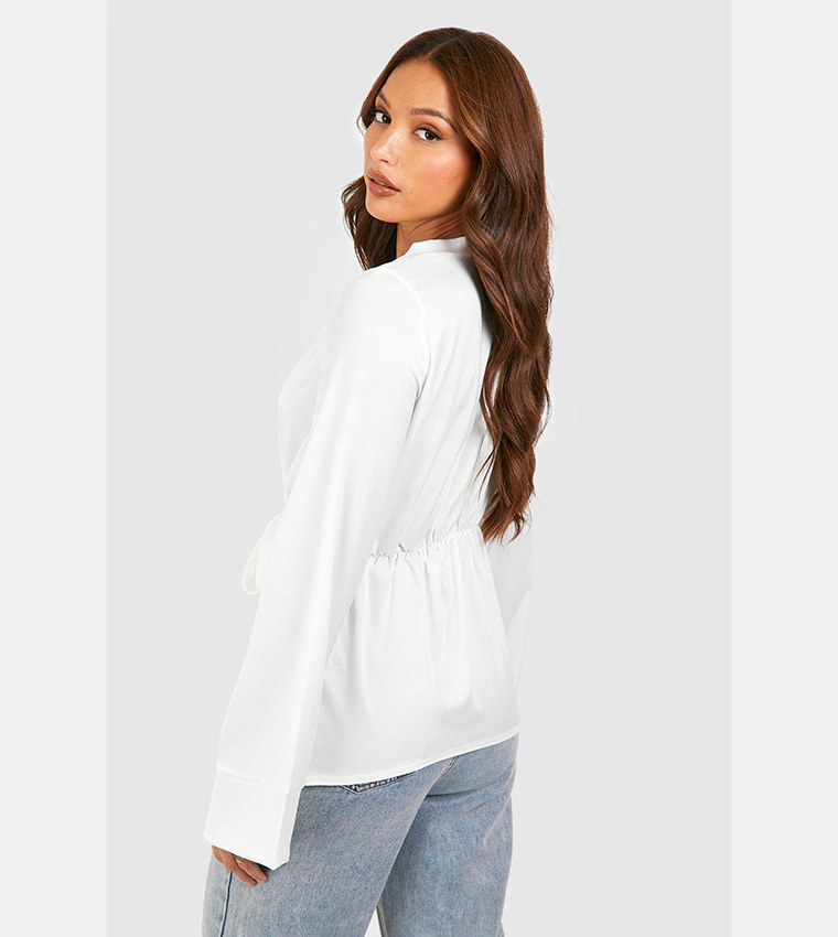 Buy Boohoo Satin Tie Front Drape Plunge Top In White