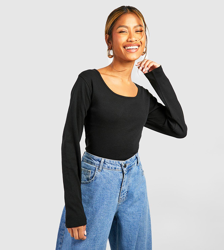 Buy Boohoo Basic Rib Scoop Neck Long Sleeves Top In Black