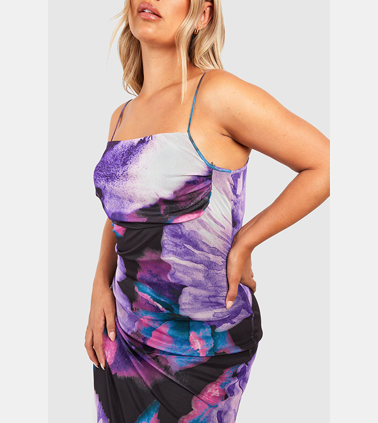 Buy Boohoo Abstract Floral Print Mesh Maxi Slip Dress In Purple