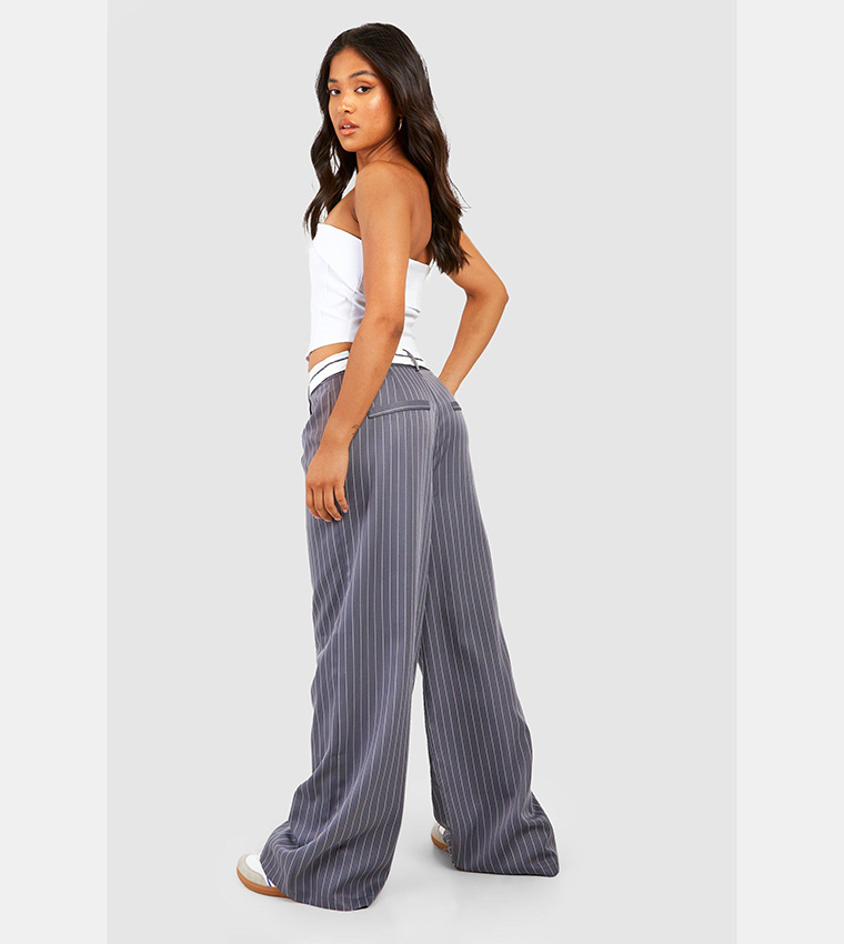 Buy Boohoo Pinstripe Reverse Waistband Wide Leg Trousers In Grey