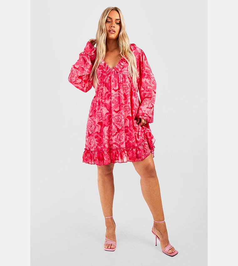 Buy Boohoo Printed Chiffon Wrap Smock Dress In Pink | 6thstreet Saudi Arabia
