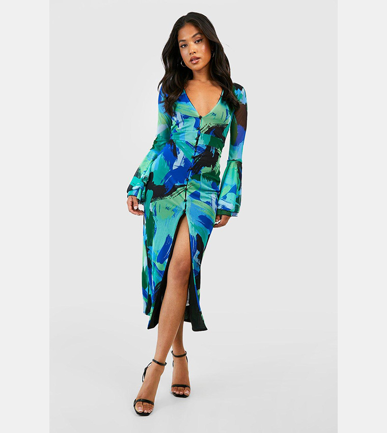 Women's Abstract Mesh Long Sleeve Midaxi Dress