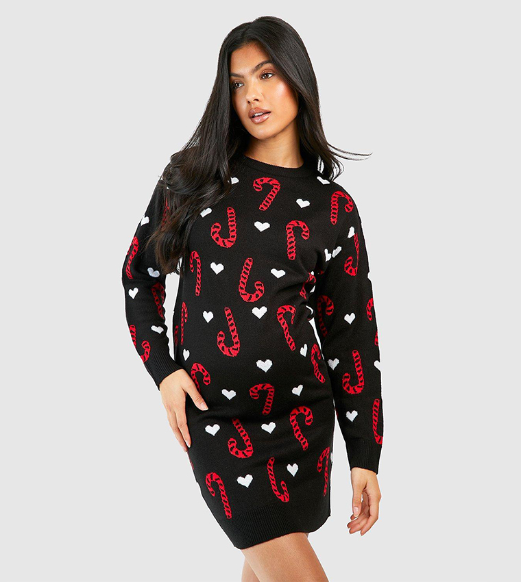 Buy Boohoo Maternity Candy Cane Christmas Sweater Dress In Black |  6thStreet Oman
