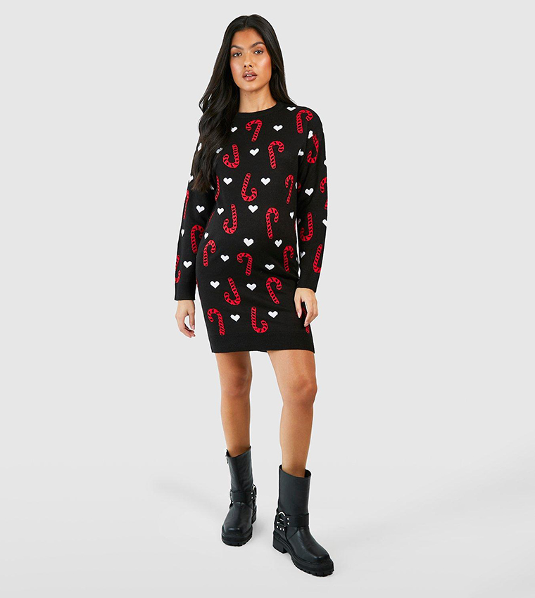 Buy Boohoo Maternity Candy Cane Christmas Sweater Dress In Black