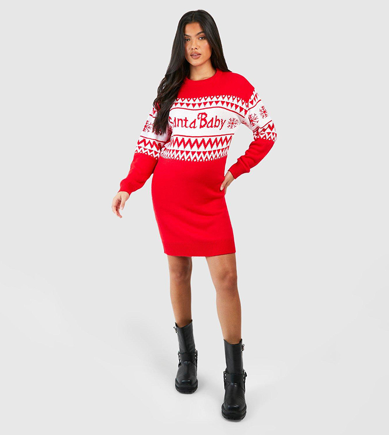 Buy Boohoo Maternity Santa Baby Christmas Sweater Dress In Red