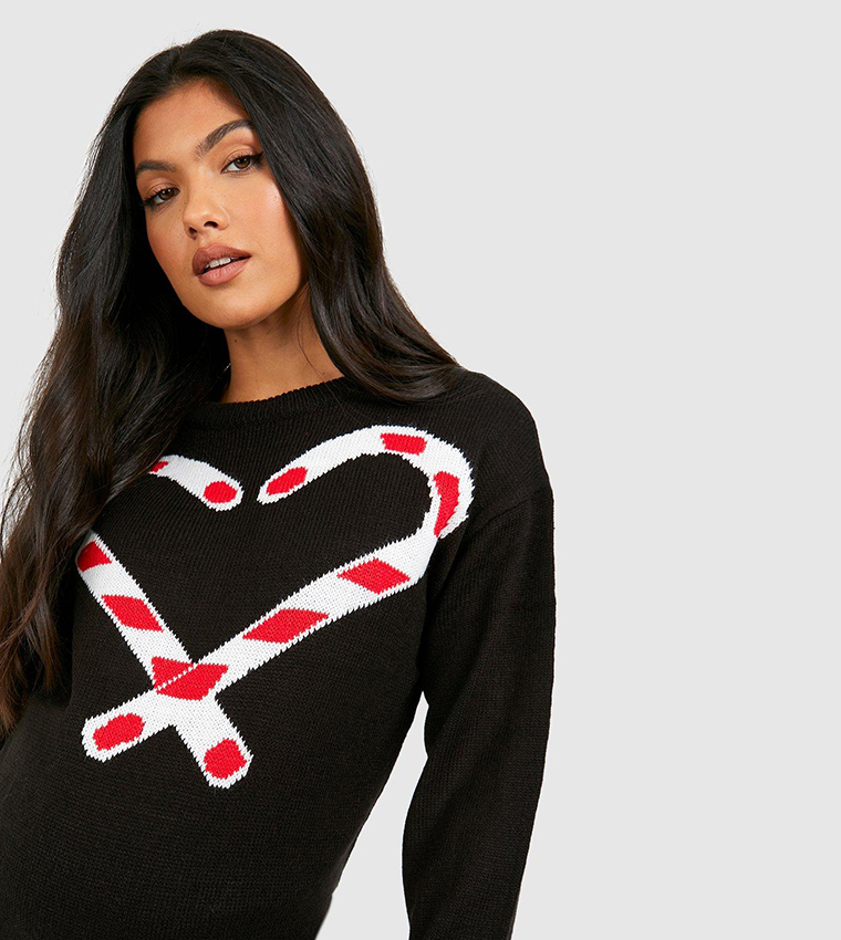 Buy Boohoo Maternity Candy Cane Christmas Sweater In Black