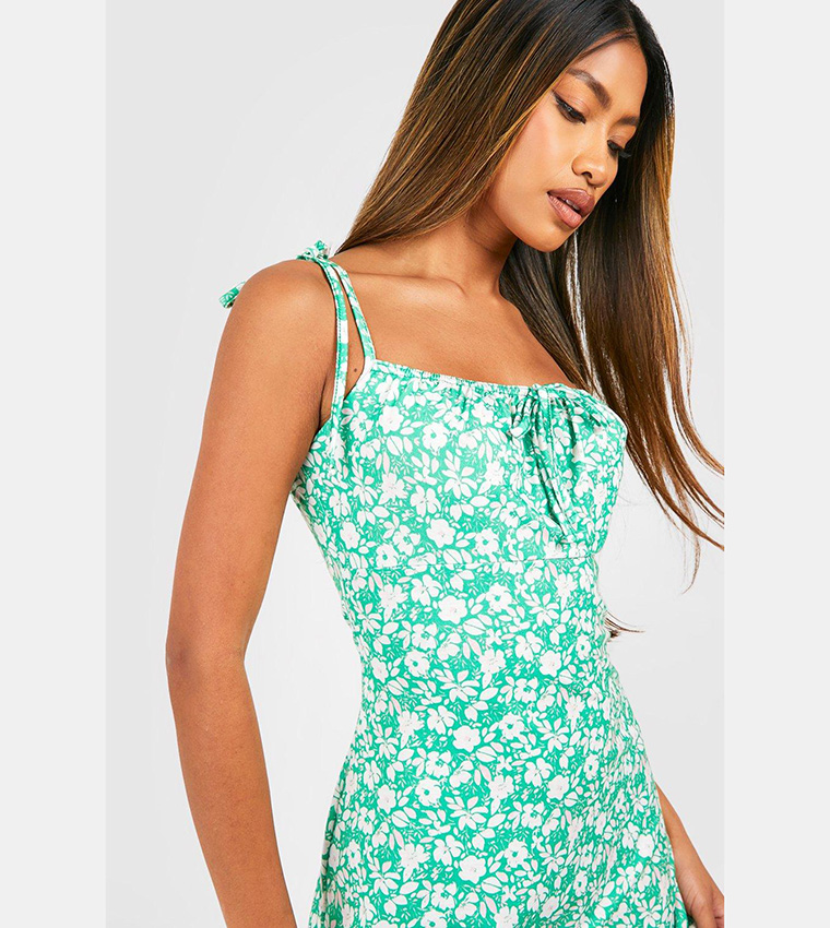 Buy Boohoo Ditsy Floral Tie Shoulder Strappy Sundress In Green