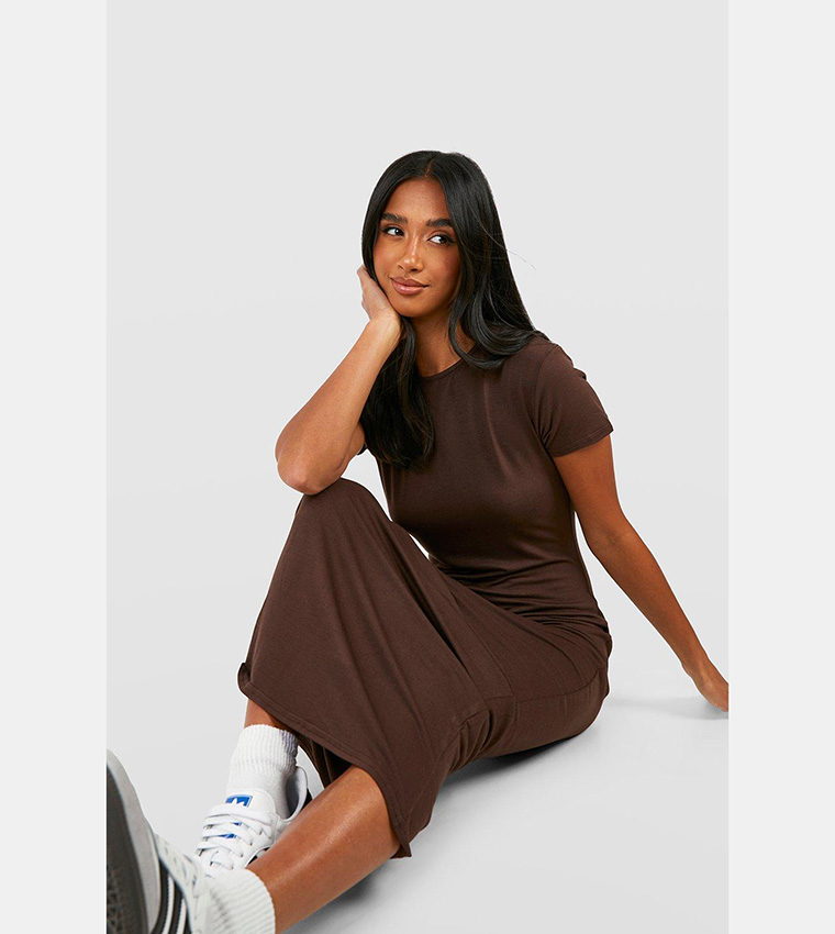 Buy Boohoo Short Sleeves Basic Maxi Dress In Brown