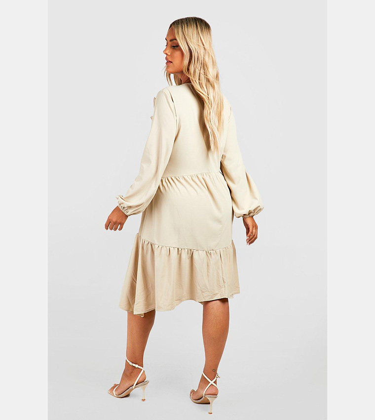 Stone Woven Ruffled Tiered Smock Dress