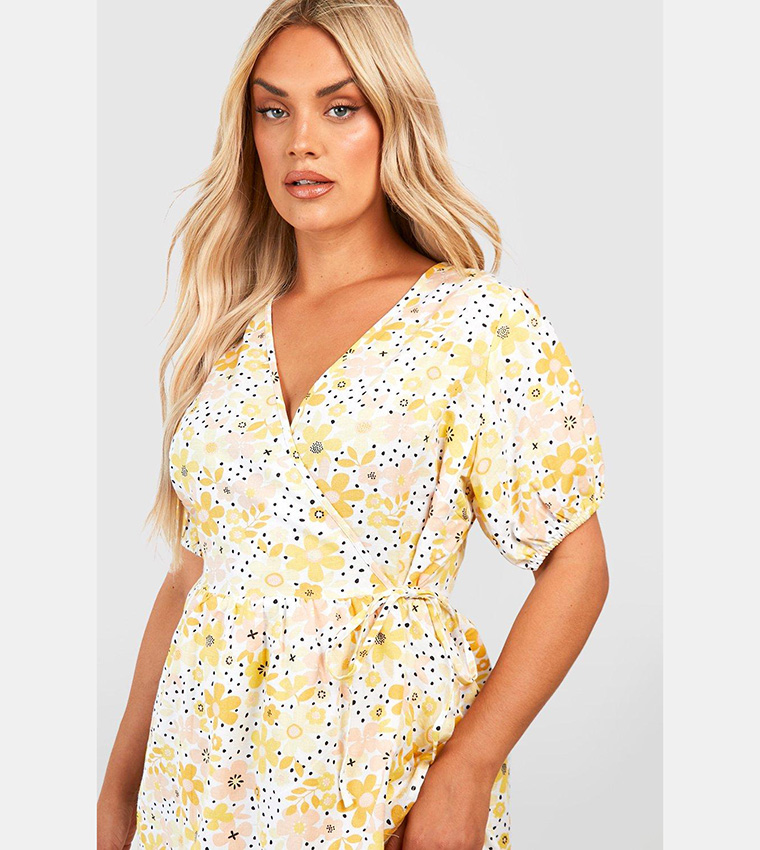 Boohoo yellow wrap dress hotsell