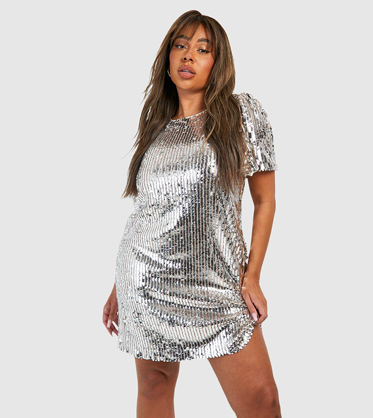 Buy Boohoo Sequined Puff Sleeves Sequined Shift Dress In Silver ...