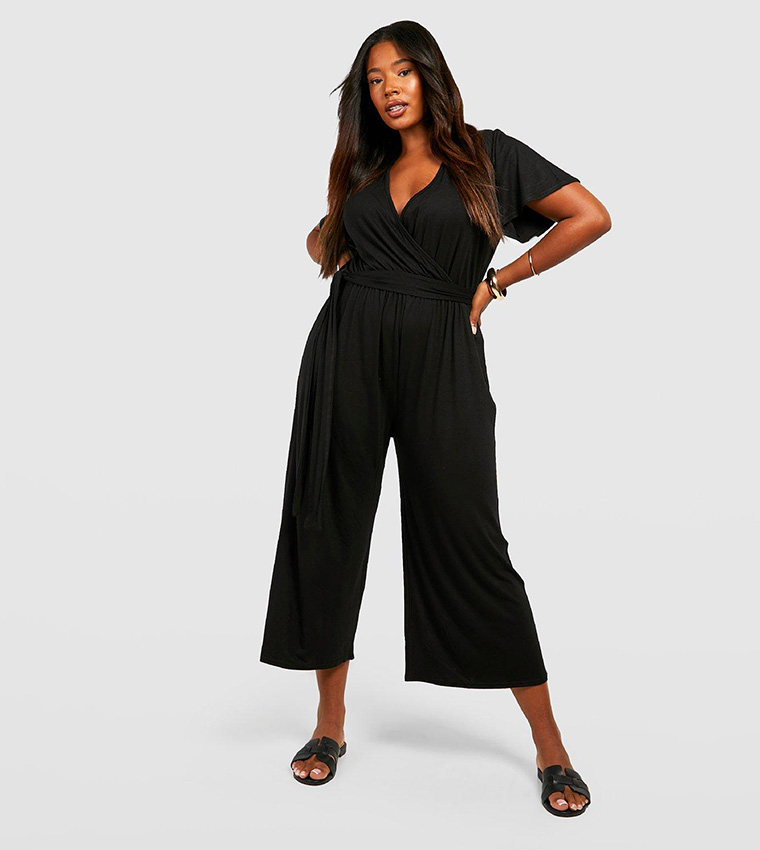 Buy Boohoo Jersey Wrap Belted Culotte Jumpsuit In Black