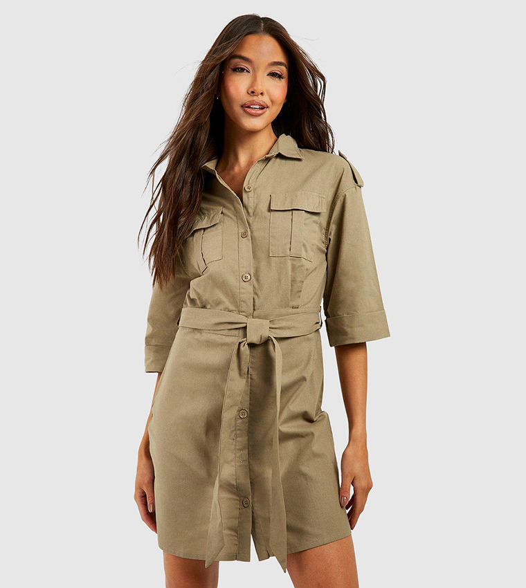 Buy Boohoo Utility Pocket Cotton Shirt Dress In Khaki 6thStreet UAE