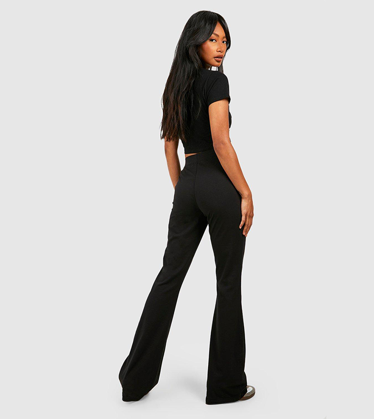 Buy Boohoo Cotton Jersey High Waisted Flared Pants In Black