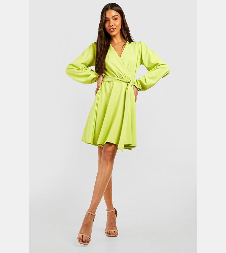 Buy Boohoo Blouson Sleeves Wrap Skater Dress In Green | 6thstreet UAE