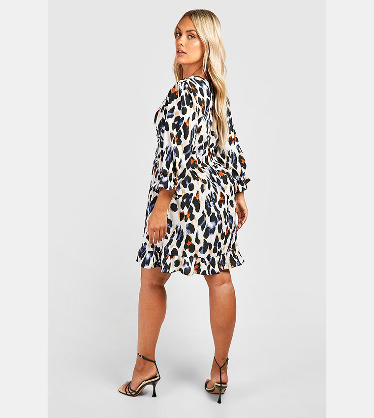 Boohoo satin ruffle wrap dress in leopard hotsell