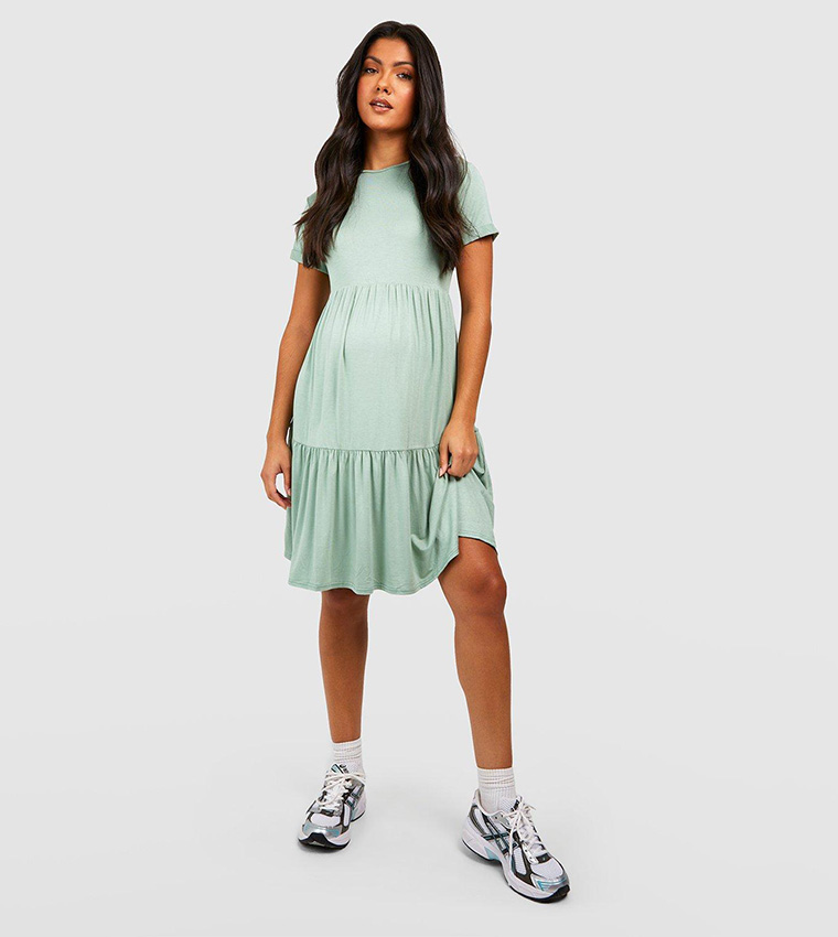 Buy Boohoo Maternity Smock Turn Cuff Mini Dress In Green | 6thstreet Oman