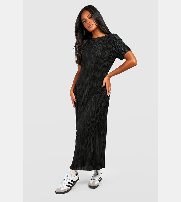 Plisse Capped Sleeves Midaxi Dress