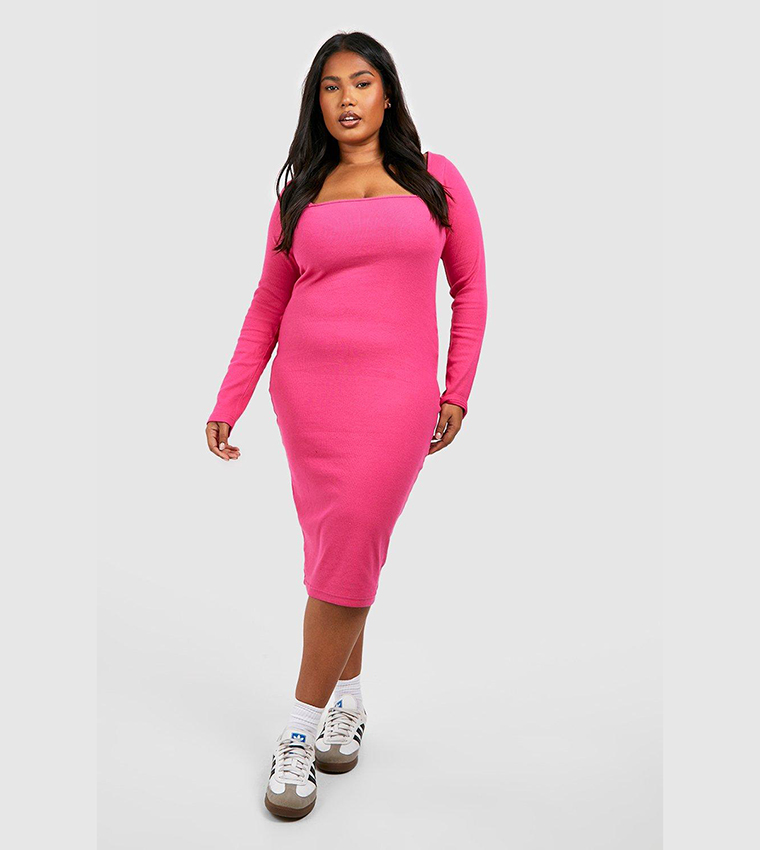 Buy Boohoo Rib Square Neck Midi Dress In Pink | 6thstreet Saudi Arabia