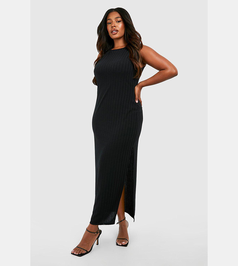 Buy Boohoo Wide Rib Loose Split Midi Dress In Black | 6thStreet Bahrain