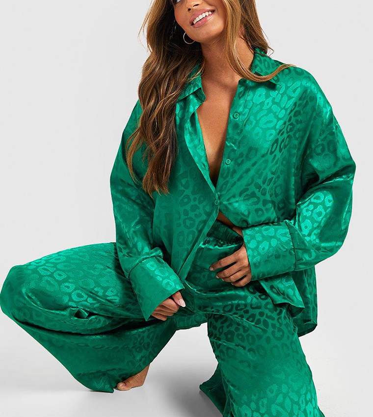 Buy Boohoo Premium Leopard Satin Oversized Pyjama Set In Green