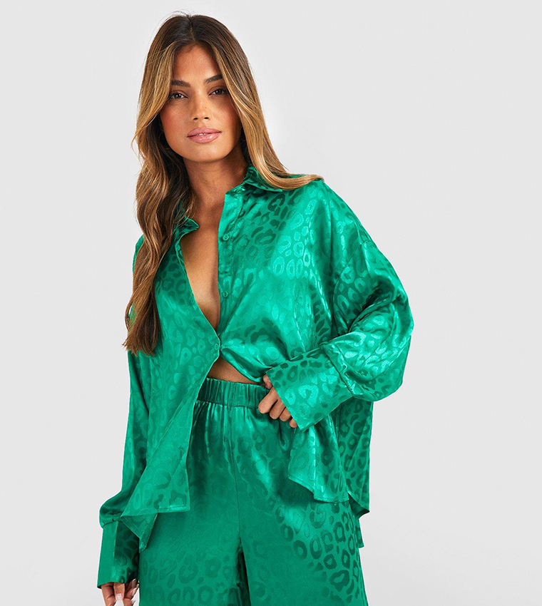 Buy Boohoo Premium Leopard Satin Oversized Pyjama Set In Green