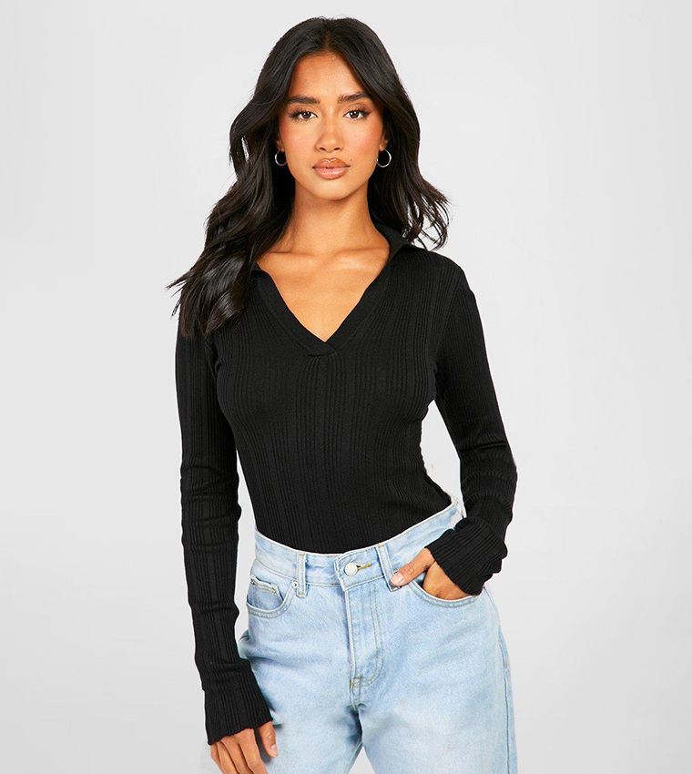 Petite Black Ribbed Roll Neck Top