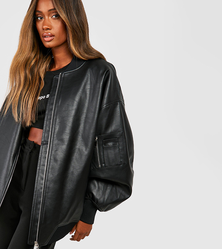 Oversized faux shop leather biker jacket