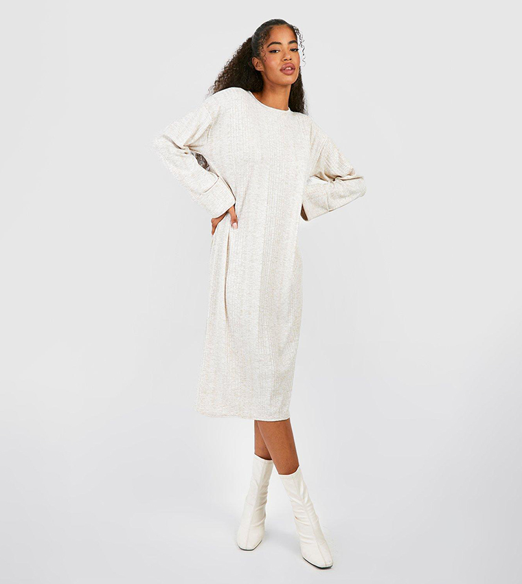 Buy Boohoo Soft Rib Loose Midi Dress In Beige 6thStreet Qatar