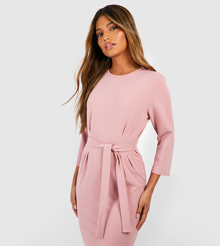 Buy Boohoo Crepe Pleat Front 3/4 Sleeves Belted Midaxi Dress In Pink ...