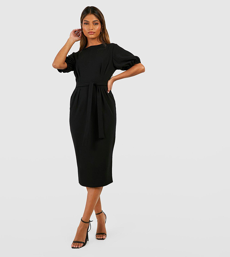 Pleat front belted store tailored midi dress