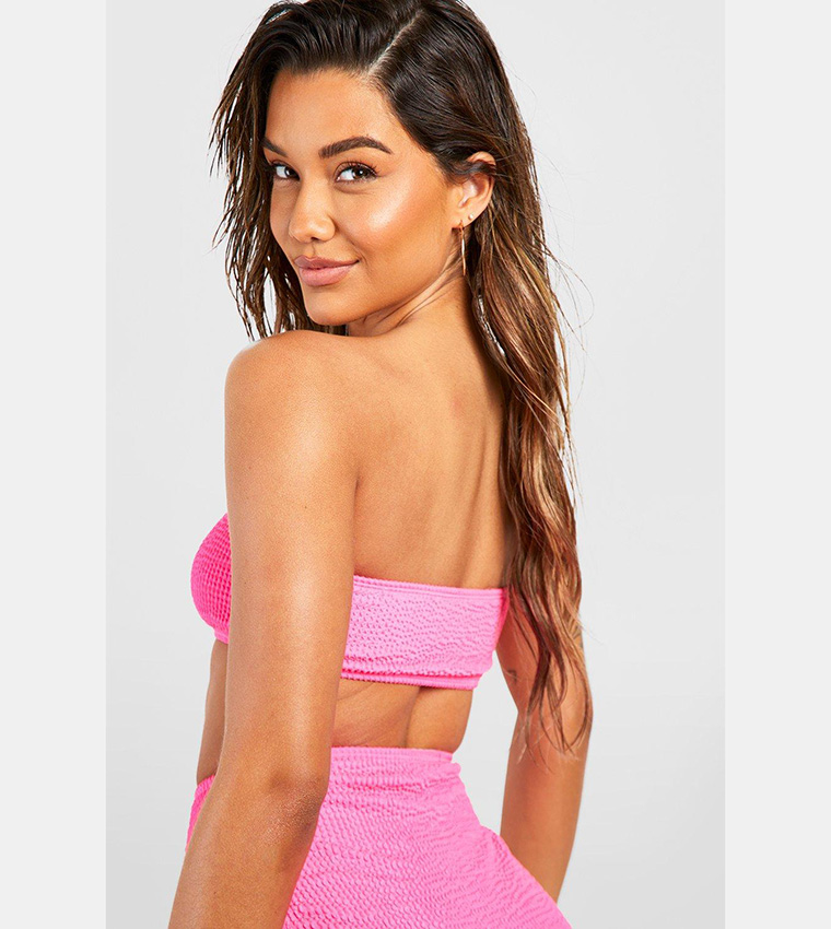Buy Boohoo Crinkle Bandeau Bikini Top In Pink
