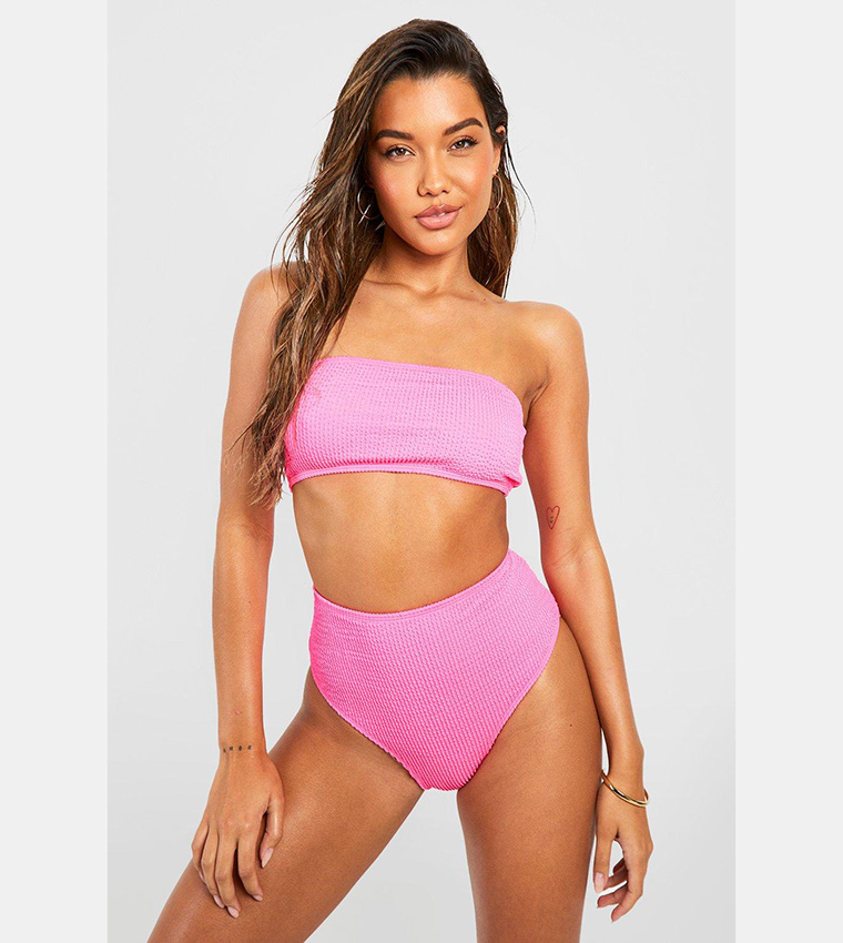 Buy Boohoo Crinkle Bandeau Bikini Top In Pink