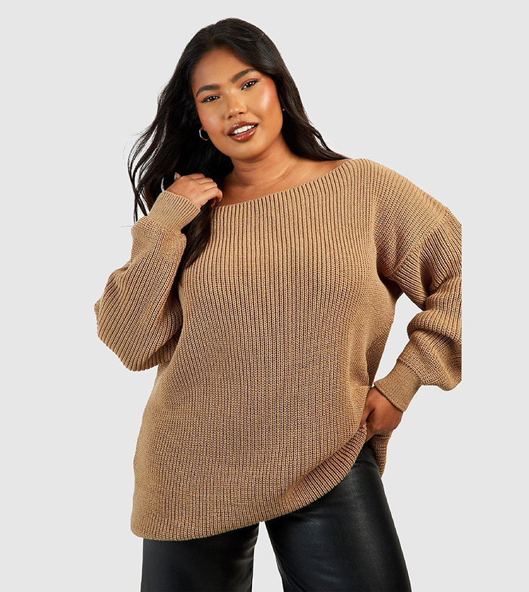 Buy Boohoo Slash Neck Longline Sweater In Beige 6thStreet Kuwait