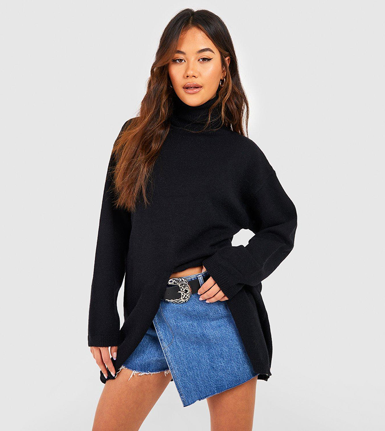 Longline black polo neck jumper best sale