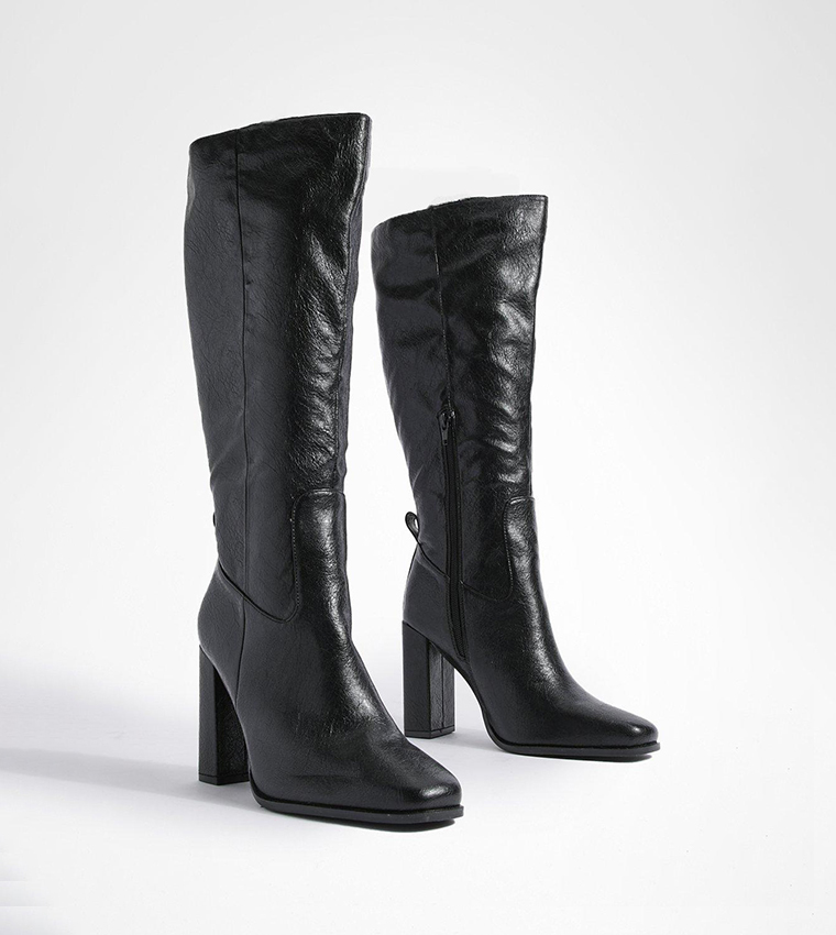 Wide Fit Block Heel High Shine Knee High Boots