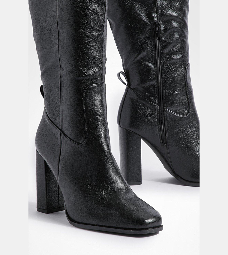Wide Fit Block Heel High Shine Knee High Boots