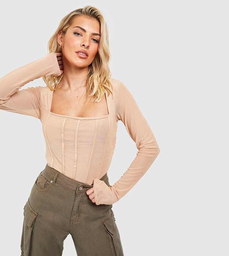 Buy Boohoo Mesh Long Sleeves Corset Detail Bodysuit Top In STONE 6thStreet Kuwait
