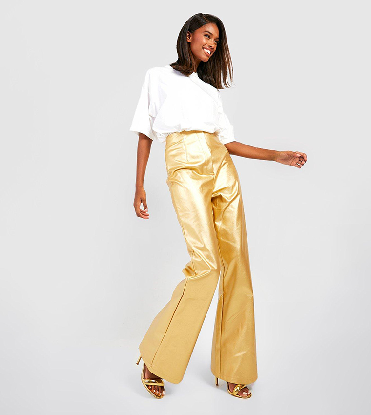 Leather look clearance flared trousers