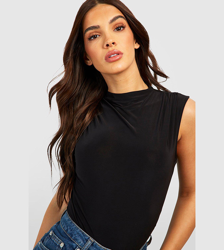 Buy Boohoo Slinky Funnel Neck Cap Sleeves Bodysuit Top In Black