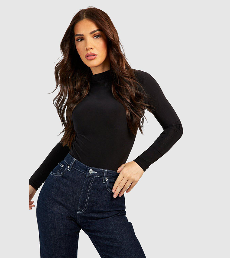 Buy Boohoo Slinky Drape High Neck Long Sleeves Bodysuit Top In Black