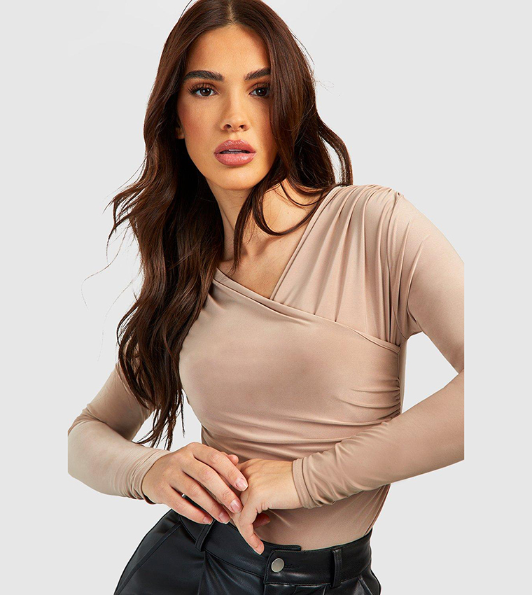 Buy Boohoo Slinky V Neck Long Sleeves Bodysuit Top In Beige